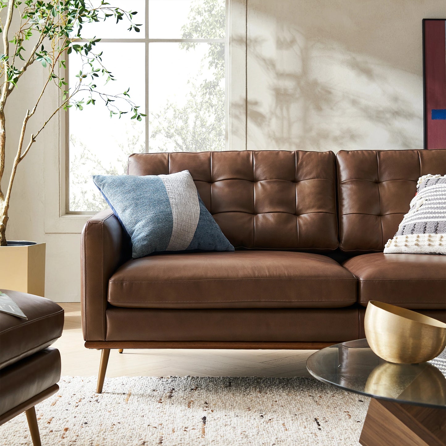 Loft Mid-century Deep Seat Sofa, Tan | 7 Feet PU Leather