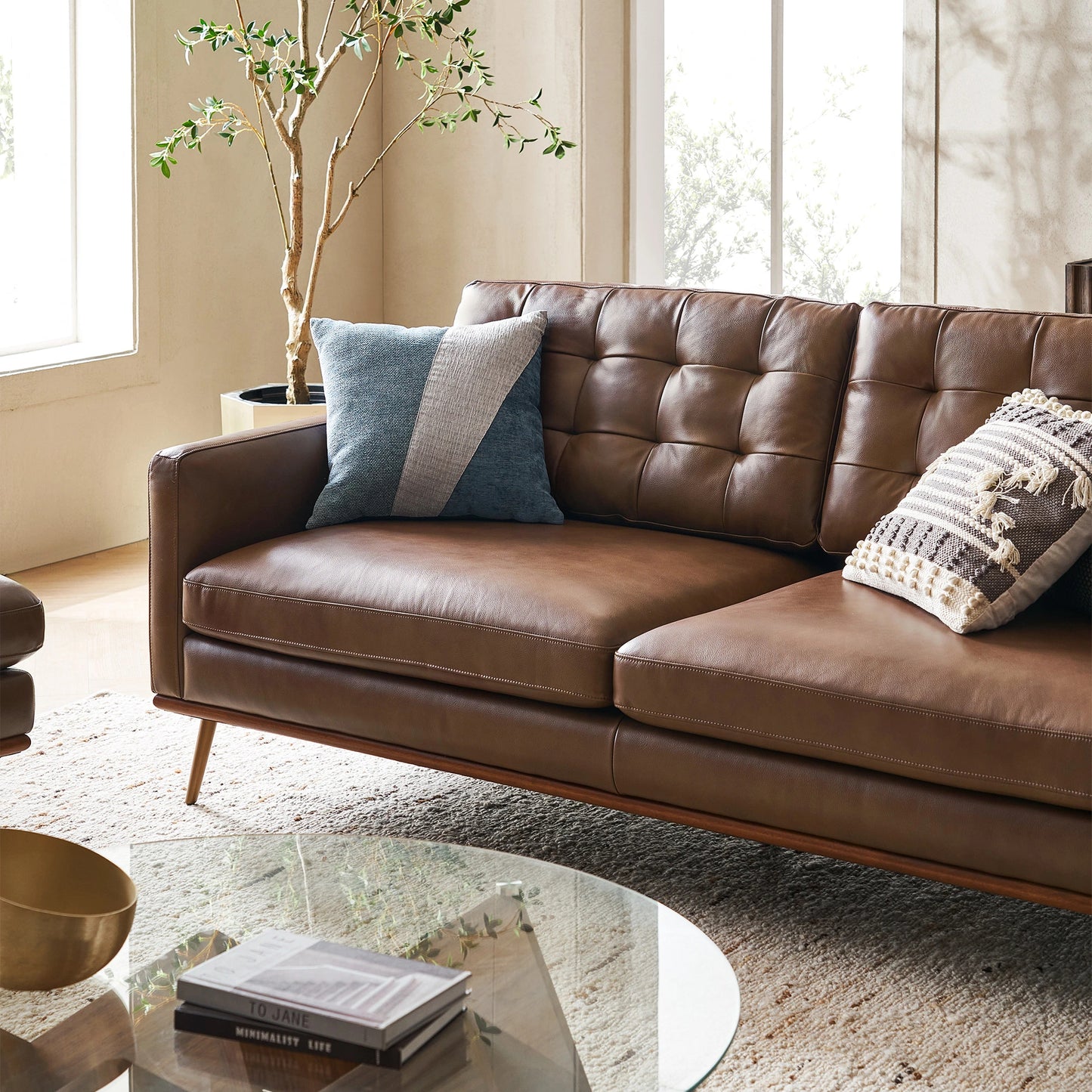 Loft Mid-century Deep Seat Sofa, Tan | 7 Feet PU Leather
