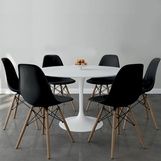 Tulip 48" Fiberglass Dining Table & Wood Leg Chairs Set, Black