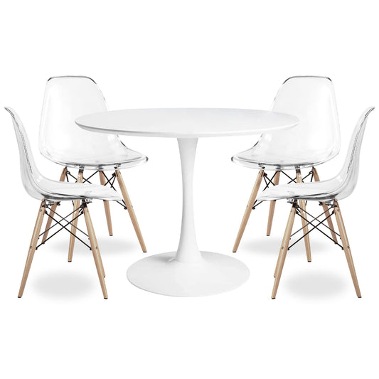 Tulip 36" Round Wood Dining Table Set, Clear