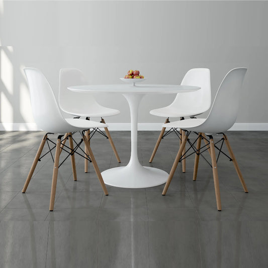 Tulip 42" Fiberglass Dining Table & Wood Leg Chairs Set, White