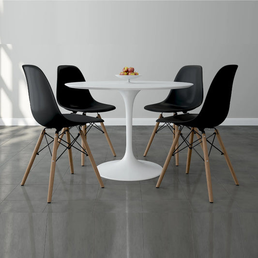 Tulip 42" Fiberglass Dining Table & Wood Leg Chairs Set, Black