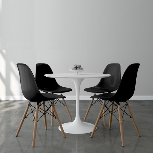Tulip 36" Fiberglass Dining Table & Wood Leg Chairs Set, Black