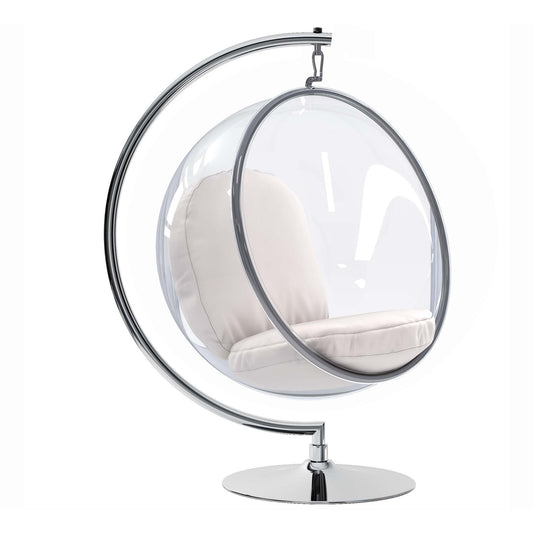 Hanging Bubble Chair With Stand, White Cushions
