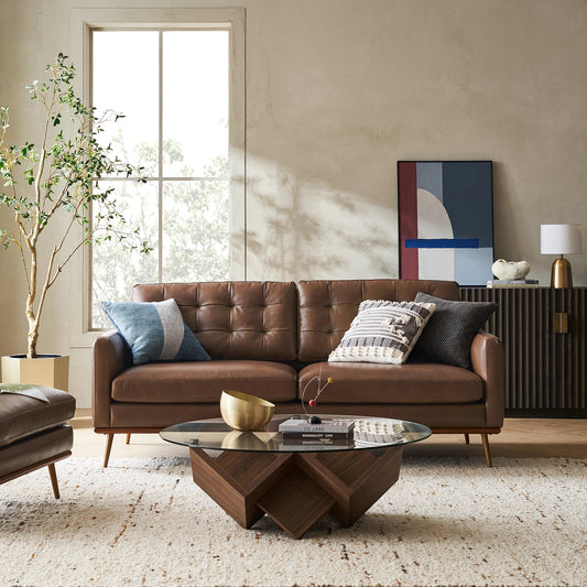Loft Mid-century Deep Seat Sofa, Tan | 7 Feet PU Leather