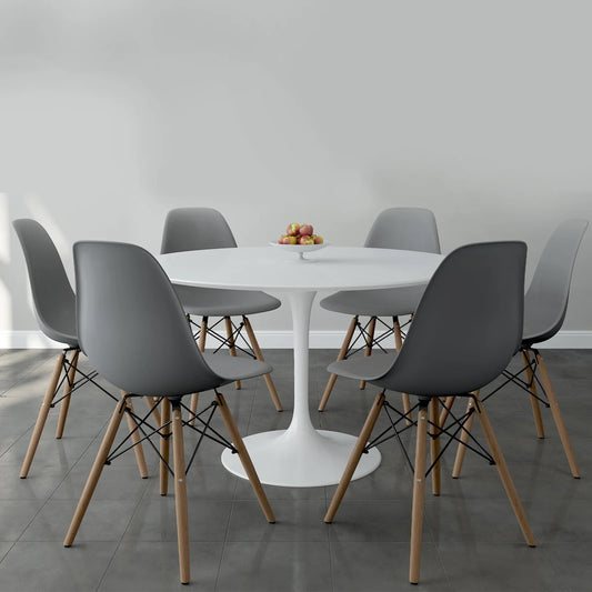 Tulip 48" Fiberglass Dining Table & Wood Leg Chairs Set, Gray
