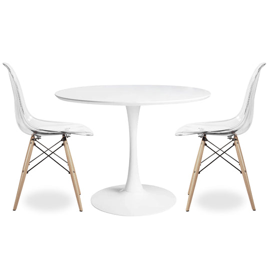 Tulip 36" Round Wood Dining Table Set, Clear