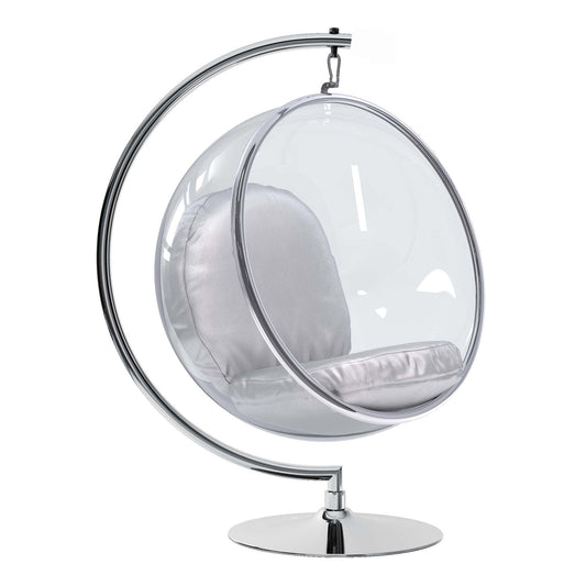 Hanging Bubble Chair With Stand, Silver Cushions